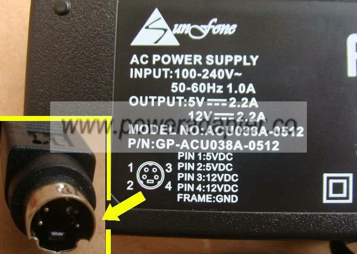 new SUNFONE AC POWER SUPPLY ACU038A-0512 5V 12V 2.2A 4 PIN MINI DIN - Click Image to Close